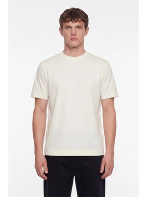Sabri Özel Erkek Açık Krem Normal Kesim Regular Fit %100 Pamuk Dokuma Bisiklet Yaka Basic T-Shirt