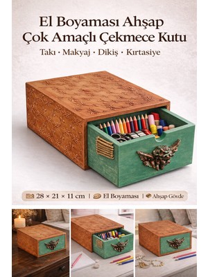 El Boyaması Ahşap Çok Amaçlı Çekmeceli Kutu – Takı, Makyaj, Dikiş Dekoratif Saklama Kutusu