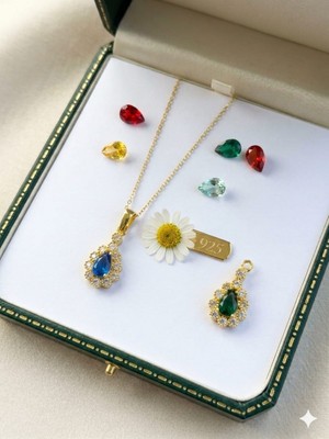 Papatya Silver 925 Ayar Kişiye Özel Doğum Taşlı Damla Taşlı Safir Yakut Zümrüt Kolye.rose.gold.rodaj