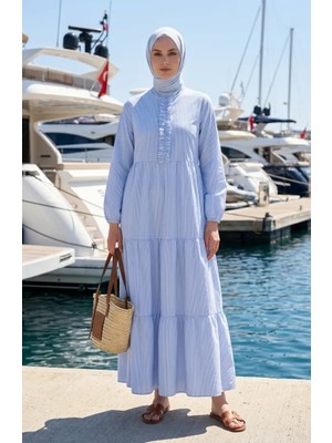 Çizgili Poplin Fırfır Detaylı Tesettür Elbise 2190-03 Mavi