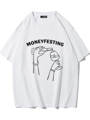 Brz Collection Unisex Oversize Moneyfesting T-Shirt (Beyaz)