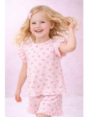 Mini Kanka Kız Çocuk 2’li Yazlık Takım Çiçek Desenli Tişört ve Şort Pamuklu Fırfırlı Bisiklet Yaka Şık Günlük Çocuk Giyim