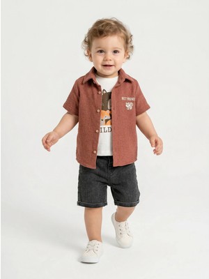 Bontino Erkek Bebek %100 Pamuk Sincap Nakışlı Gömlekli, Tişörtlü ve Şortlu Takım - 6-24 Ay