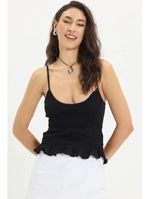 Tudors Kadın Slim Fit Dar Kesim %100 Pamuk Askılı Büzgülü V Yaka Siyah Bluz