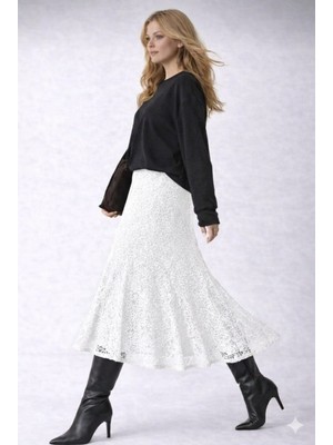 Grey Moda Dantel Yüksek Bel Lastikli Rahat Etek