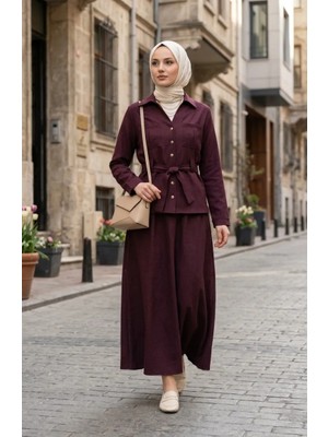 Keten Kumaş Etek Ceket Ikili Takım 0256-01 Mürdüm