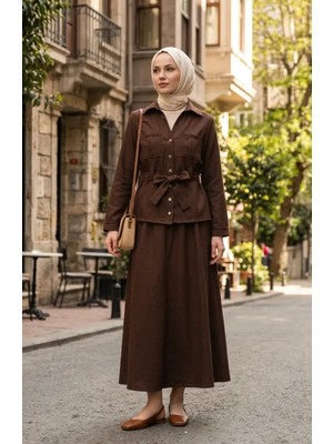 Keten Kumaş Etek Ceket Ikili Takım 0256-03 Kahverengi