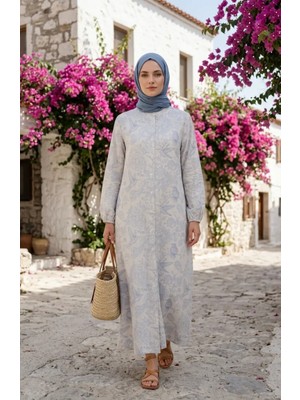 Boydan Düğmeli Keten Elbise 0261-01 Lacivert