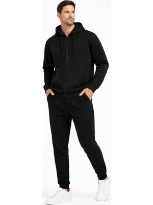 Justas Erkek Siyah Üç Iplik Şardonlu Kapüşonlu Boydan Fermuarlı Sweatshirt Siyah