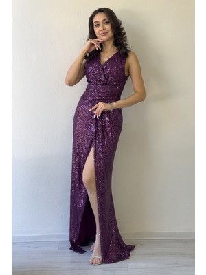 Thezkscom-Kadın Kruvaze Yaka Payet Tasarım Sıfır Kol Yırtmaçlı Balık Abiye Elbise Siyah, Bordo, Mürdüm, Bej, Leopar, Kırmızı