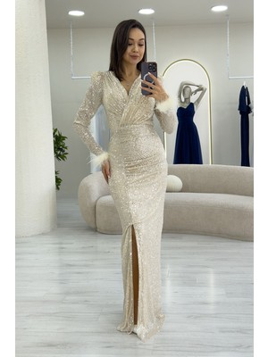 Thezkscom-Kadın  Kruvaze Yaka Pul Payet Uzun Büyük Beden Abiye Elbise Bordo, Lacivert, Siyah, Mürdüm, Bej, Yeşil