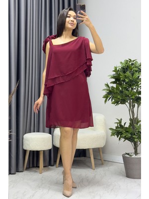 The Zks-Kadın Tek Omuz Bağlamalı Şifon Büyük Beden Elbise Lacivert, Bordo, Saks, Siyah, Yeşil