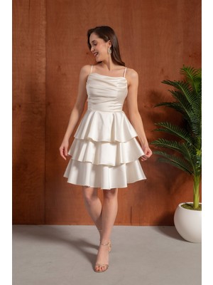 Lafaba Kadın Ekru Ince Askılı Degaje Yaka Mini Saten Mezuniyet Abiye Elbise