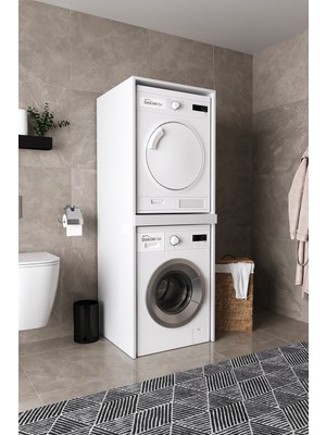 Dekorfim DF03109B Çamaşır Makinesi Dolabı Kurutma Makinesi Standı Ikili Raflı Beyaz Banyo Dolabı Düzenleyici