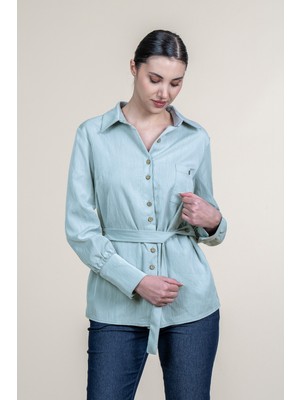 MissVina Tencel Beli Kuşaklı Uzun Kollu Trend Gömlek 70062