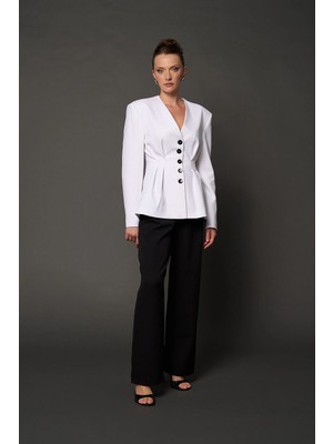 Thalure Kadın Beyaz Yakasız Drapeli Blazer