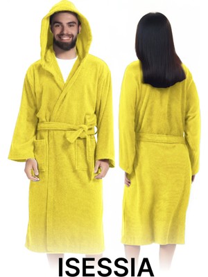 Isessia Fidel Pamuklu Kapüşonlu Unisex Bornoz Yetişkin Kapşonlu Yüksek Emici 4 Mevsim Kullanım