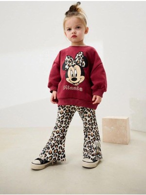 HaanBebe Kız Çocuk Minnie Mouse Baskılı Takım - Leopar Desenli Ispanyol Paça Pantolonlu Ikili Set