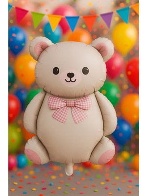 Eng Parti Dünyası Ayıcıklı (Teddy) Krem Folyo Balon Pembe Papyonlu 90 cm