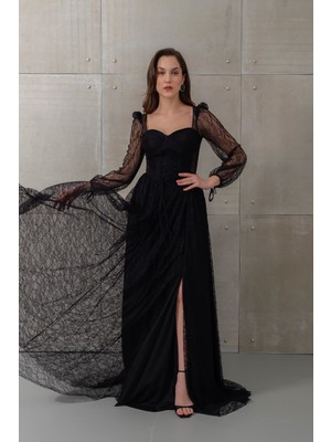 Lafaba Kadın Siyah Dar Kalıp Uzun Kol Bacak Dekolteli Dantelli Abiye Elbise