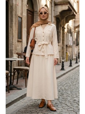 Keten Kumaş Ceket Etek Ikili Takım 0256-02 Krem