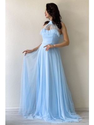 Thezkscom-Kadın Drapeli Kolsuz Tül Abiye Elbise Yeşil, Bebe Mavi, Beyaz, Saks, Lacivert, Siyah