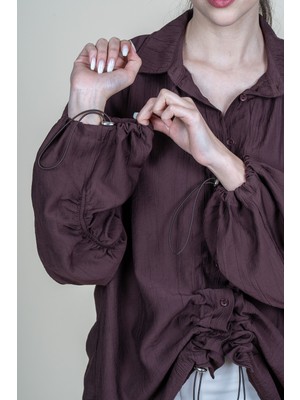 MissVina Ön ve Kol Ip Büzgü Detaylı Oversize Trend Gömlek 70070