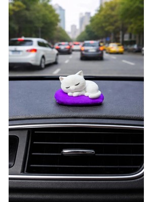 Shhobi Mor Yastık Üzerinde Uyuyan Sevimli Kedi Torpido Süsü – Araba Içi Dekoratif Torpido Klima Aksesuar
