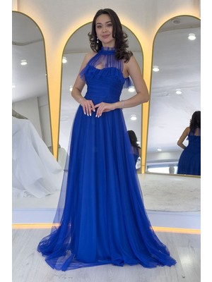 Zks Grup Tekstil-Kadın Drapeli Kolsuz Tül Abiye Elbise Yeşil, Bebe Mavi, Beyaz, Saks, Lacivert, Siyah