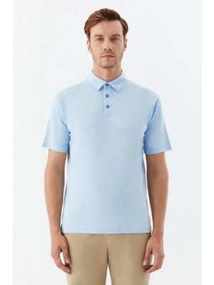 Sabri Özel Erkek Mavi Dar Kesim Slim Fit Pamuklu Pike Polo Yaka Tişört