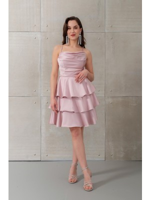 Lafaba Kadın Pudra Ince Askılı Degaje Yaka Mini Saten Mezuniyet Abiye Elbise