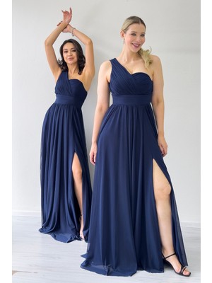 The Zks-Kadın Tek Omuz Piliseli Kloş Abiye Elbise Gül Kurusu, Yeşil, Siyah,kırmızı,lacivert