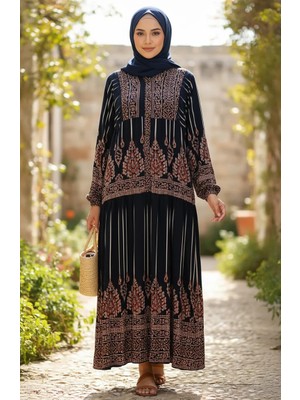 Alaçatı Desenli Yarım Düğmeli Viskon Tesettür Elbise 2204-05 Lacivert