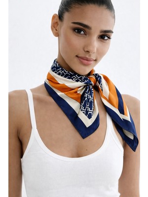 Modex Lacivert&turuncu Renk Geometri Desen Ipeksi Saten Fular (70*70)