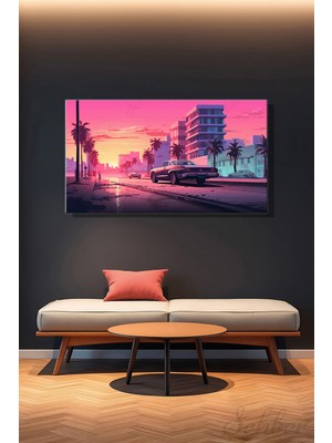 Şehber Panoramik Yatay Kanvas Tablo Tekli Salon Mutfak Yatak Odası Ofis 1980'LER Miami Dijital Manzara