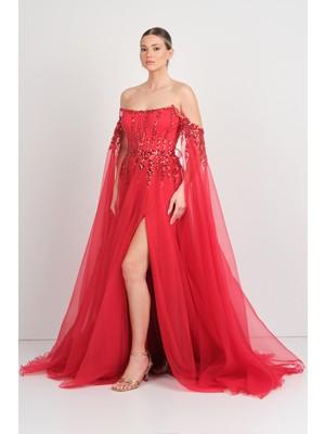 Ömür Inn Kadın Straplez Payet Işlemeli Kolları Pelerin Detaylı Uzun Abiye Elbise 5584 Kırmızı