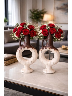 El Boyaması Seramik Vazo 2’li Set 31 cm – Modern Dekoratif Salon Vazosu | Lüks Ev Dekoru Çiçeklik