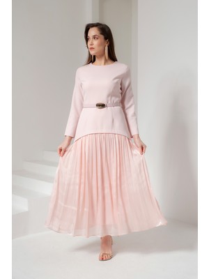 Lafaba Kadın Pudra Kemerli Midi Abiye Elbise