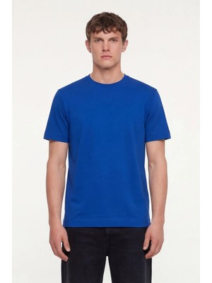 Sabri Özel Erkek Saks Mavi Normal Kesim Regular Fit %100 Pamuk Dokuma Bisiklet Yaka Basic T-Shirt