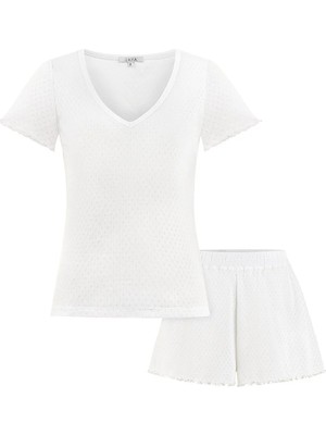 Jaya Pointelle V Yaka Şortlu Pijama Takımı / Beyaz