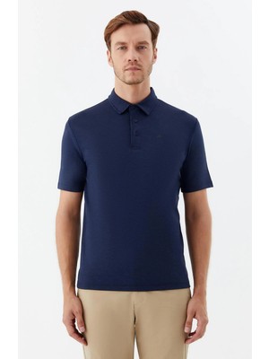 Sabri Özel Erkek Açık Lacivert Dar Kesim Slim Fit Pamuklu Dokuma Düğmeli Polo Yaka Tişört