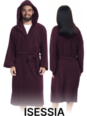 Isessia Fidel Pamuklu Kapüşonlu Unisex Bornoz Yetişkin Kapşonlu Yüksek Emici 4 Mevsim Kullanım