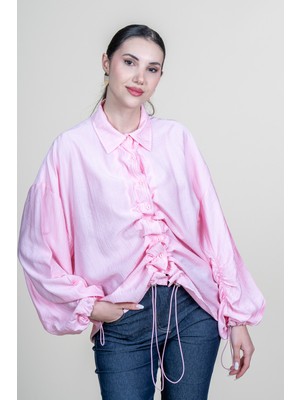 MissVina Ön ve Kol Ip Büzgü Detaylı Oversize Trend Gömlek 70070