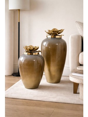 Velora Living Magnolia Gold Çiçek Kapaklı Dekoratif Vazo Seti – 2’li Lüks Seri