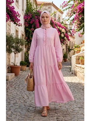 Sefa Merve Çizgili Poplin Fırfır Detaylı Tesettür Elbise 2190-02 Pembe