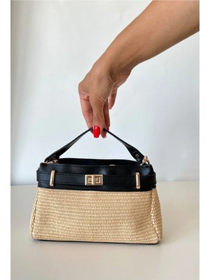 Hasır Kadın Mini Kilit Detaylı Çapraz Askılı El ve Omuz Çantası