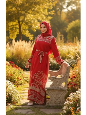 Desenli Kuşaklı Viskon Tesettür Elbise 2206-02 Kırmızı