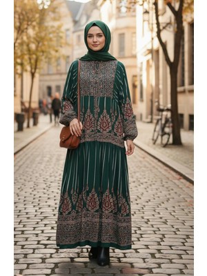 Alaçatı Desenli Yarım Düğmeli Viskon Tesettür Elbise 2204-03 Haki