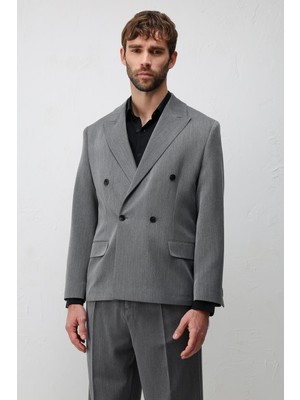 Antioch Gri Relax Fit Kruvaze Erkek Blazer Ceket