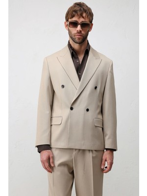 Antioch Bej Relax Fit Kruvaze Erkek Blazer Ceket